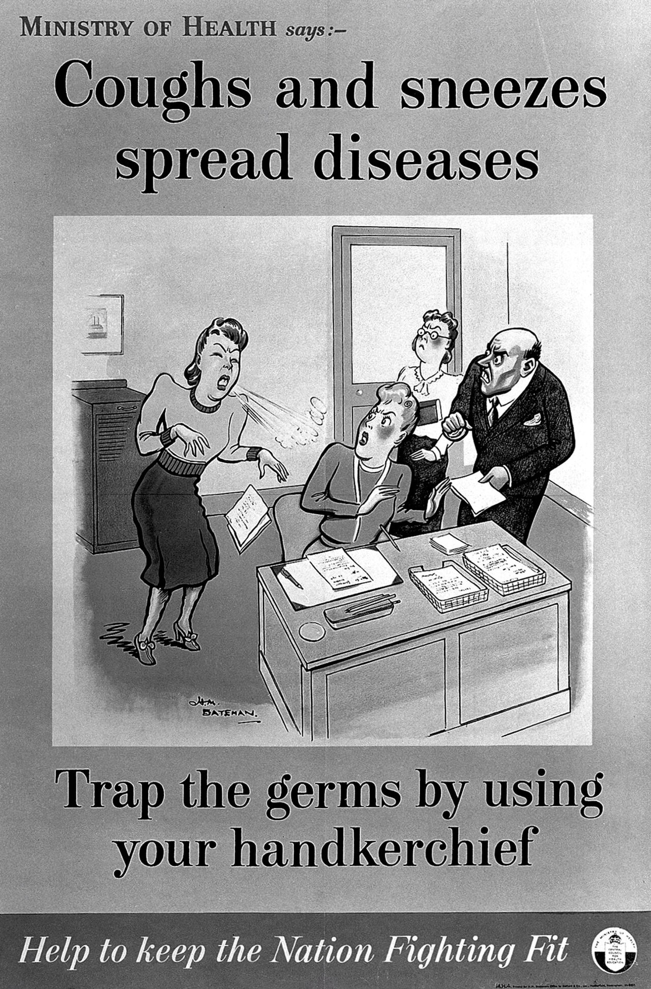 A woman coughing or sneezing without a handkerchief in an office with three other office workers. Lithograph after H.M. Bateman., by H. M. Bateman