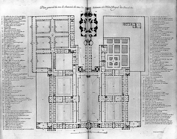 Description générale de l'Hostel Royal des Invalides établi par Louis le Grand dans la Plaine de Grenelle près Paris. Avec les plans, profils & élévations de ses faces, coupes et appartemens / [Anon].