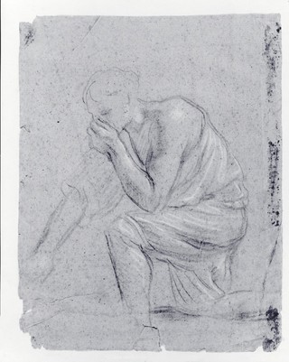 A man holding his nose to avoid breathing in a miasma. Drawing.