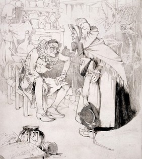 A child with a swollen mouth being led by a woman to visit an apothecary, who is seated in his laboratory. Drawing by William Heath Robinson.