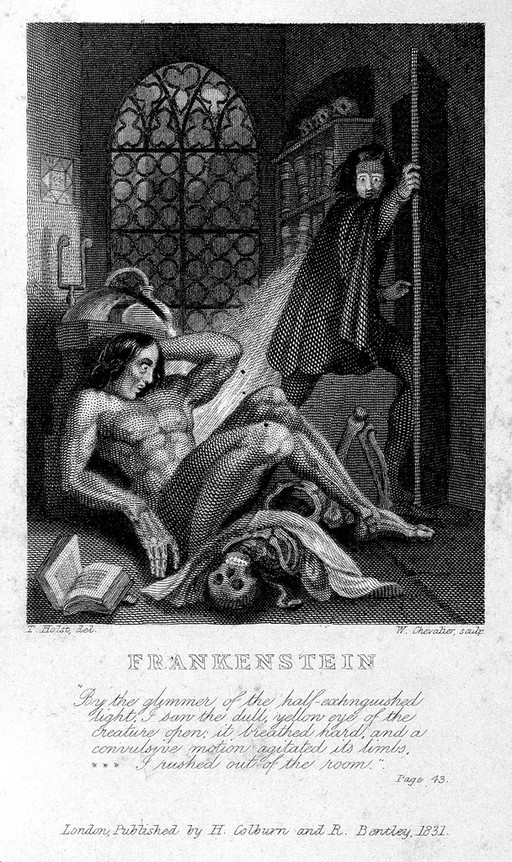 Frankenstein observing the first stirrings of his creature. Engraving by W. Chevalier after Th. von Holst, 1831.