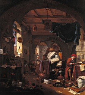 Interior with an alchemist. Oil painting by Thomas Wijck (Thomas Wyck).