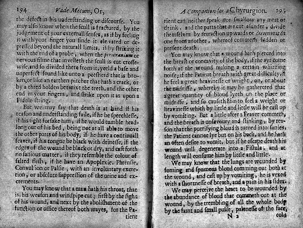 Vade mecum: or, a companion for a chyrurgion: fitted for times of peace or war. Compendiously shewing ... the use of every severall instrument ... and the vertues and qualities of such medicines as are needfull ... with the maner [sic] of compounding them ... As also the perfect cure of green wounds, either incised or contused, ulcers, fistulaes, fractures, and dislocations. To which is added the maner [sic] of making reports before a Judge of Assize, of any one that hath come to an untimely end / [Thomas Brugis].