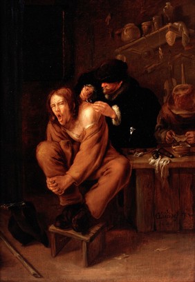 A surgeon applying medicine to a wound in the shoulder of a man in pain. Oil painting by Gerrit Lundens, 1649.