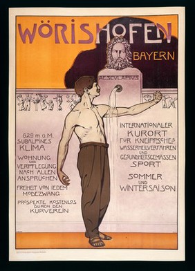 A man receiving water on his arm from a fountain of Aesculapius; representing the healthy consequences of water treatment at Bad Wörishofen, Bavaria. Colour lithograph by F. Rehm, 1902.