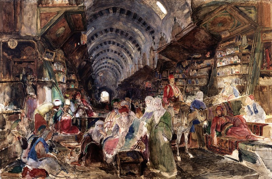 The Egyptian or drug bazaar at Constantinople. Watercolour by J. F. Lewis.