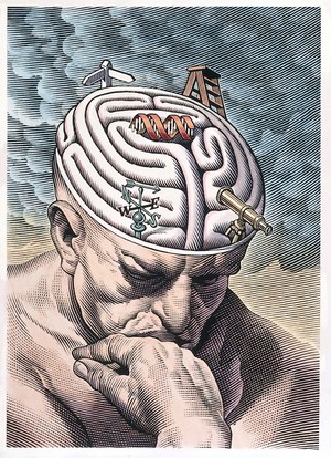 view The gyri of the thinker's brain as a maze of choices in biomedical ethics. Scraperboard drawing by Bill Sanderson, 1997.