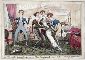 view Dandies at the opera, one of them swooning, overcome with emotion. Coloured etching by I.R. Cruikshank, 1818.