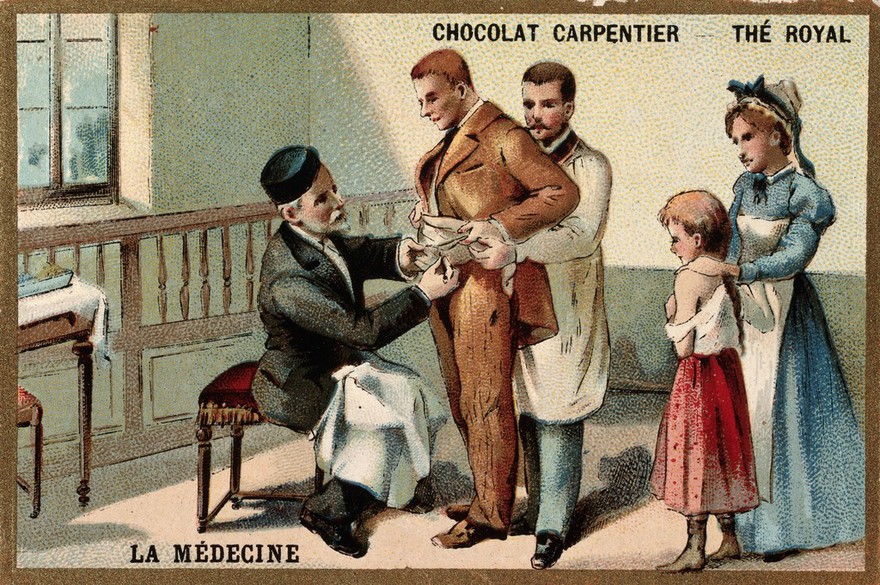 Pasteur inoculating a man with the rabies virus. Chromolithograph.