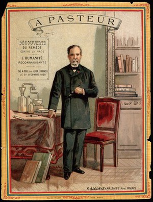 view Louis Pasteur, standing, holding eyeglasses, with chemical apparatus and books. Chromolithograph.