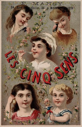 The five senses represented by five children. Chromolithograph.