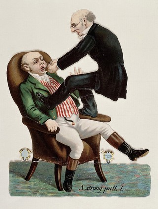 A dental surgeon standing on the arm of a chair and pressing his foot against a man's chest to enable him to extract a tooth from his mouth. Chromolithograph, 18--.