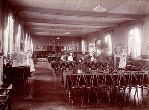 view Claybury Asylum, Woodford, Essex: a dining room (?). Photograph by the London & County Photographic Co., [1893?].