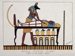 view Anubis tending mummy. Tombs of the Kings, Thebes