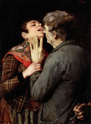 A toothdrawer concealing the key from the patient. Oil painting by Luciano Nezzo.
