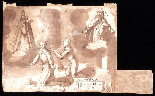 Two men making vows to the Virgin of Loreto [?]. Drawing attributed to Pietro Paolo Jacometti, 1613.