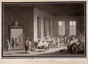 view The treatment of wounded soldiers in a ward of a hospital. Drawing by Benjamin Zix, ca. 1805/1811.