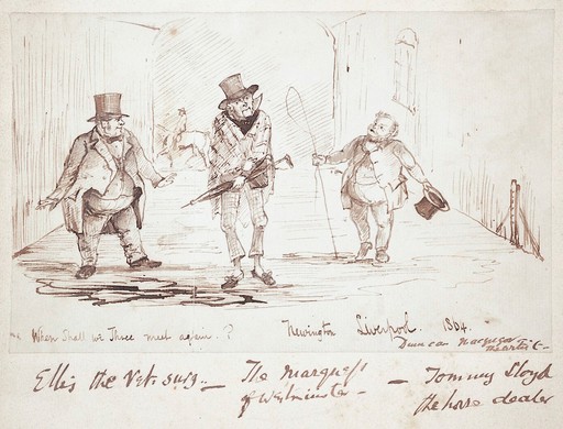 The Marquess of Westminster, with Ellis (veterinary surgeon) and Tommy Lloyd (horse dealer). Pen and ink drawing by D. Macgregor, 1864.