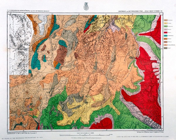 Geological atlas projected to illustrate geographic explorations and surveys west of the 100th meridian of longitude : prosecuted in accordance with Acts of Congress under the authority of the Honorable the Secretary of War, and the direction of A.A. Humphreys, embracing results of the different expeditions under Geo. M. Wheeler.