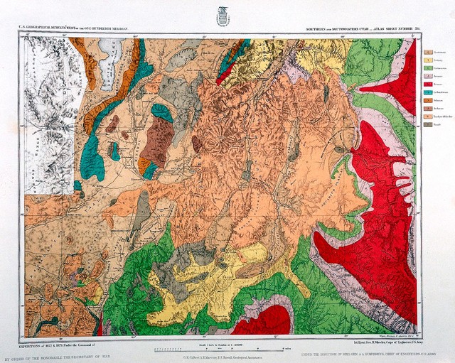 Geological atlas projected to illustrate geographic explorations and surveys west of the 100th meridian of longitude : prosecuted in accordance with Acts of Congress under the authority of the Honorable the Secretary of War, and the direction of A.A. Humphreys, embracing results of the different expeditions under Geo. M. Wheeler.