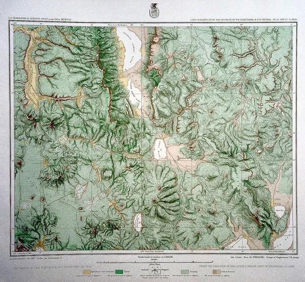 Geological atlas projected to illustrate geographic explorations and surveys west of the 100th meridian of longitude : prosecuted in accordance with Acts of Congress under the authority of the Honorable the Secretary of War, and the direction of A.A. Humphreys, embracing results of the different expeditions under Geo. M. Wheeler.