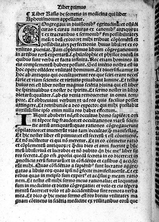 Opera parva Abubetri filii Zacharie filii Arasi que in hoc parvo volumine continentur sunt  Liber ad Almansorem decem tractatus continens cum nonnullis additionibus interlinearibus Gerardi Cremonensis nusquam antea impressis. Tractatus de egritudinibus juncturarum. De morbis puerorum. Aphorismorum ejusdem libri sex. Parvum antidotarium ipsius. Tractatus de preservatione ab egritudine lapidis. Liber introductorius parvus in medicinam. De sectionibus et cauteriis ac ventosis. Sinonyma ejusdem. Liber divisionum cum novem capitibus in fine additis, et ab aliis impressoribus semper obmissis: quibus operibus additus est Constantini Monachi Viaticus.