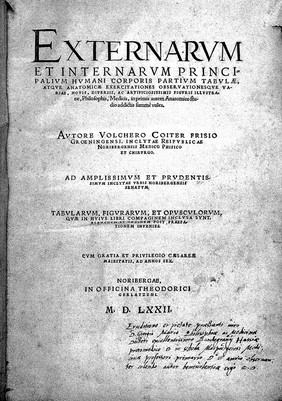 Externarum et internarum principalium humani corporis partium tabulae, atque anatomicae exercitationes observationesque variae, novis, diversis ac artificiosissimis figuris illustratae. Philosophis, medicis, in primis autem anatomico studio addictis summè utiles / Autore Volchero Coiter.