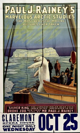 Silver King, a polar bear, being taken by ship away from his homeland. Colour lithograph.