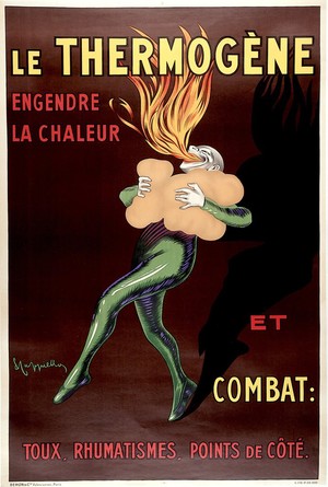 view A fire-eater kindling fire in his lungs with the remedy Thermogène. Colour lithograph by Leonetto Cappiello, 1909.