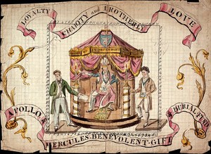 view Members of a friendly society compensating one of its members for ill-health. Pen and ink and watercolour, c. 1807.