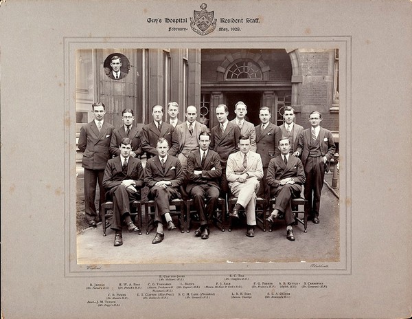 Guy's Hospital, London: sixteen members of the resident staff. Photograph by Wayland, 1928.