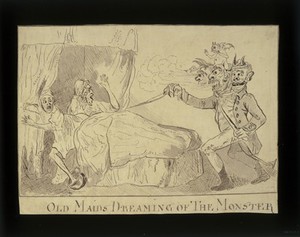 view Two elderly women in bed, disturbed from sleep by a nightmare vision of "The monster" (R. Williams), 1790. Drawing.