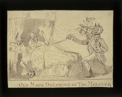 Two elderly women in bed, disturbed from sleep by a nightmare vision of "The monster" (R. Williams), 1790. Drawing.