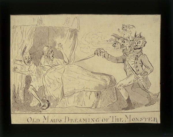 Two elderly women in bed, disturbed from sleep by a nightmare vision of "The monster" (R. Williams), 1790. Drawing.