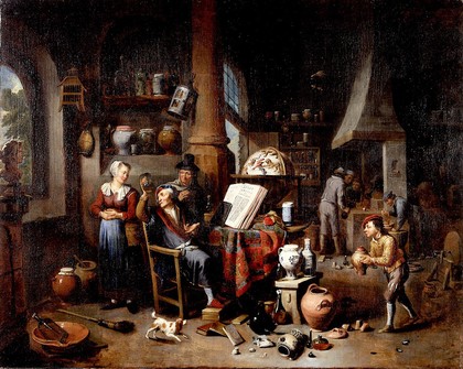 A physician sitting before a table, holding a urine flask, with two women, a boy and several other figures in the room. Oil painting by Gerard Thomas.