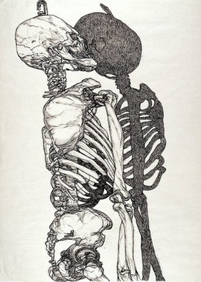 A skeleton and its shadow. Pen and ink drawing by Joyce Cutler Shaw, 1992.