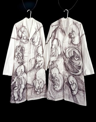Foetus: five figures, with one figure of viscera. Pen and ink drawing by Joyce Cutler Shaw, 1993.