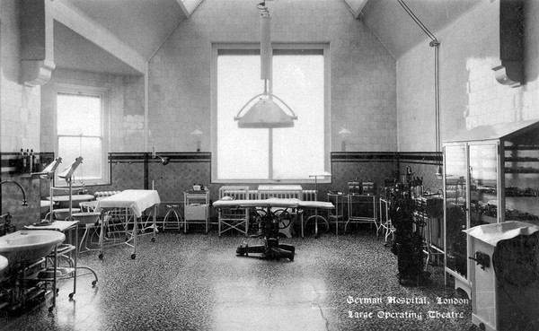 The German Hospital, Dalston: operating theatre. Photograph by Marshall, Keene & Co.