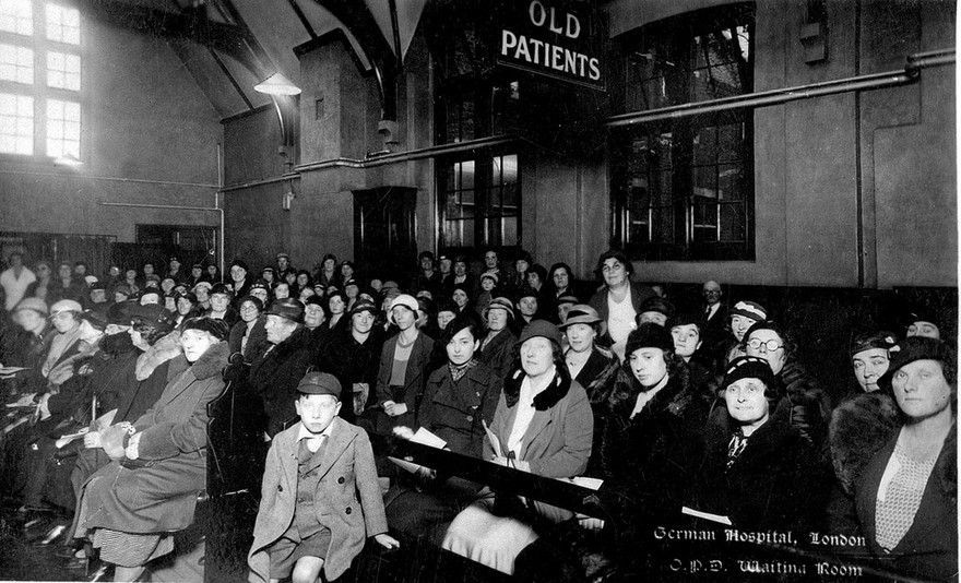 The German Hospital, Dalston: patients waiting in the waiting room. Photograph by Marshall, Keene & Co.