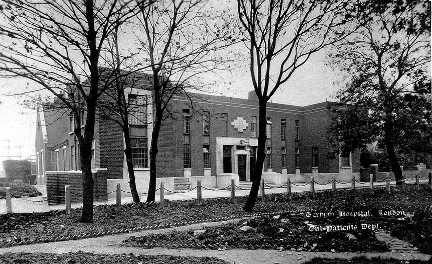 The German Hospital, Dalston: outpatients' department, exterior view of the building. Photograph by Marshall, Keene & Co.