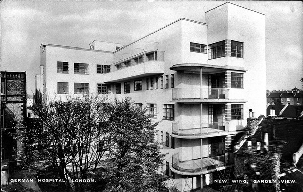 The German Hospital, Dalston: the new wing, view from the garden. Photograph.