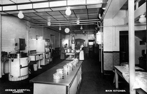 view The German Hospital, Dalston: the main kitchen. Photograph.