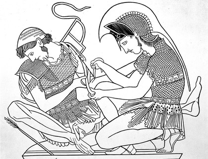 Achilles binding the wounds of his friend Patroclos. 