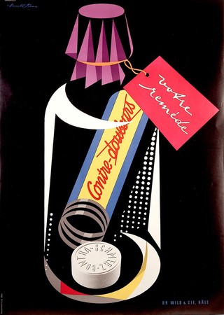 An analgesic pill in a medicine bottle. Colour lithograph by Donald Brun, 1950.