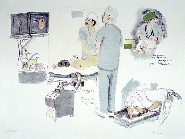 Endoscopy operations. Colour lithograph by Virginia Powell, 1998.