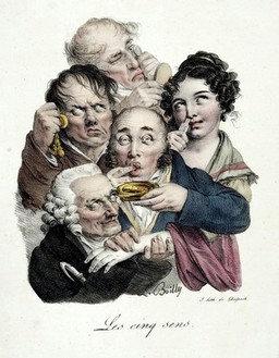Five people, each exercising one of the five senses. Coloured lithograph after L.-L. Boilly.