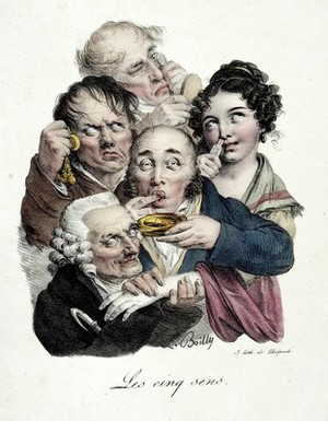 view Five people, each exercising one of the five senses. Coloured lithograph by L.-L. Boilly, 1823.