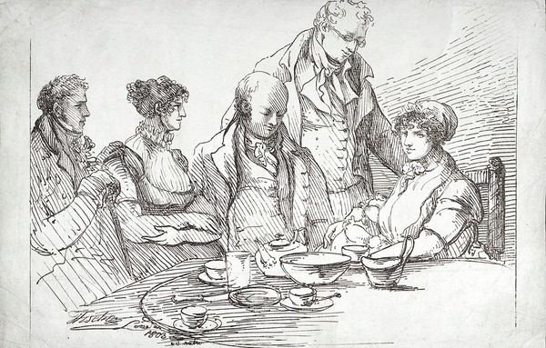 Five people sitting and standing around a tea-table, one of them a mother with a child. Lithograph by J. Fischer, 1803.