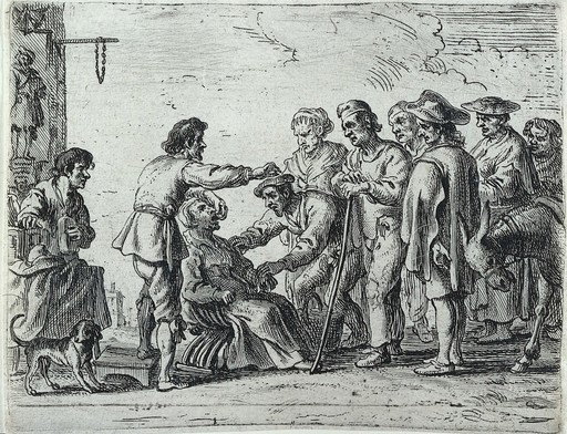 A travelling healer demonstrating the extraction of a tooth from the mouth of a woman patient, before a crowd of onlookers.