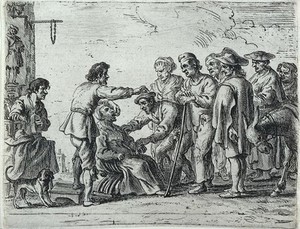 view A travelling healer demonstrating the extraction of a tooth from the mouth of a woman patient, before a crowd of onlookers. Etching attributed to Cornelis de Wael.